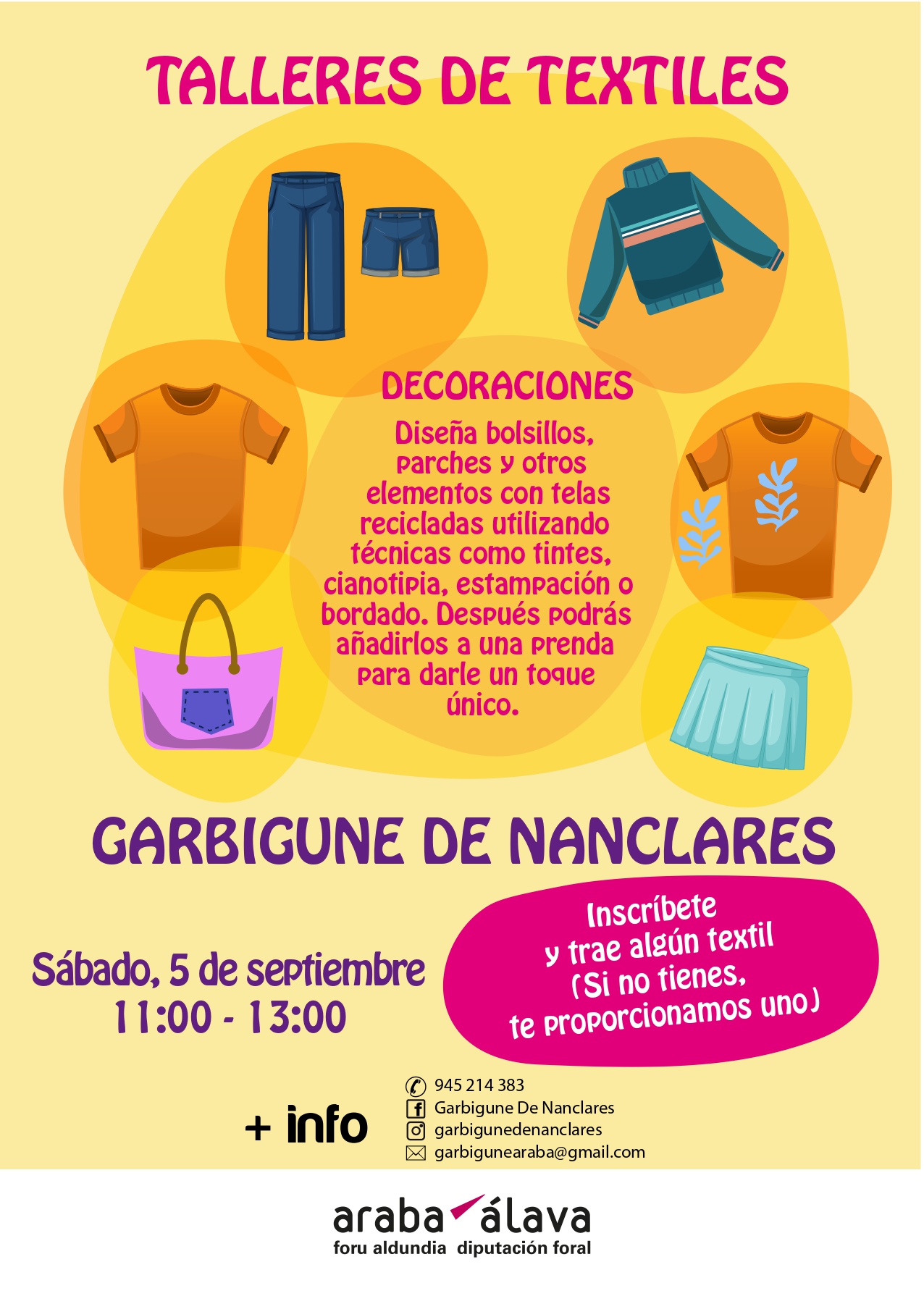 Talleres de textiles. 5 de septiembre. 11:00-13:00 Más info: garbigunearaba@gmail.com